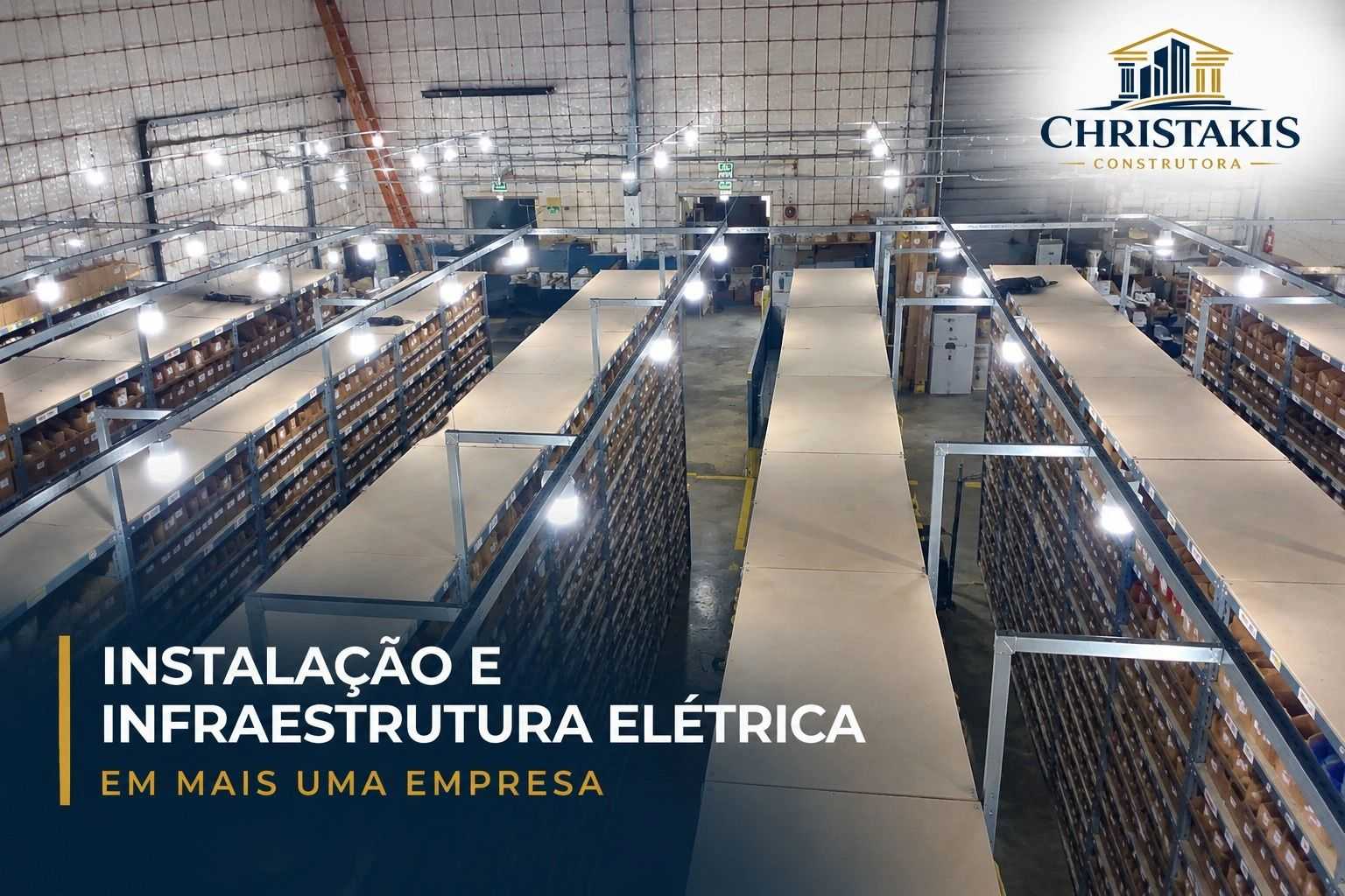 Área operacional com instalação de iluminação e infraestrutura elétrica